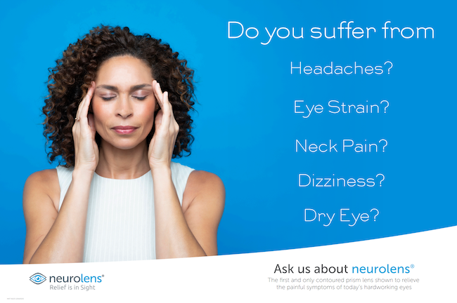 Neurolens infographic with woman holding her temples in discomfort